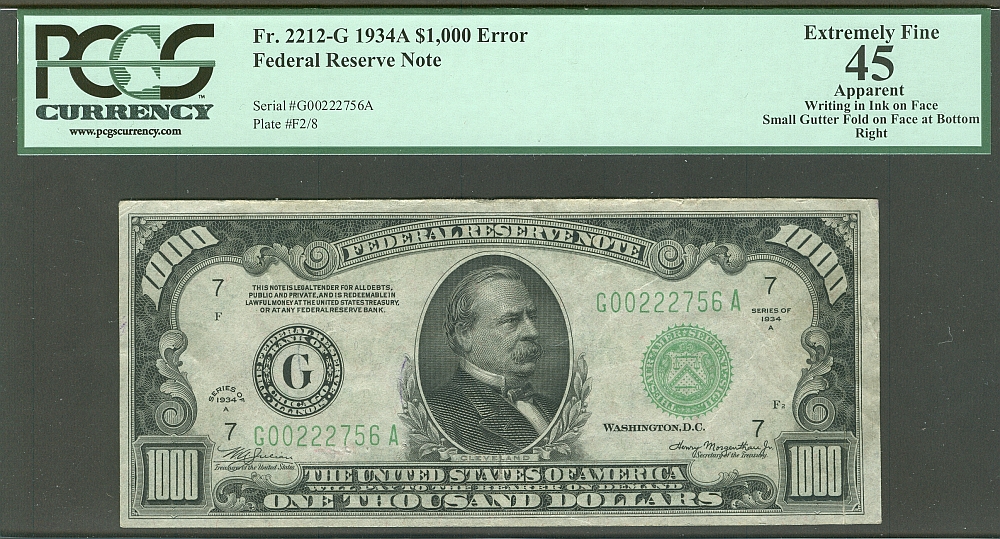 Fr.2212-G, 1934A $1000 FRN, Gutter Fold Error, Extremely Fine, PCGS-45a, G00222756A
